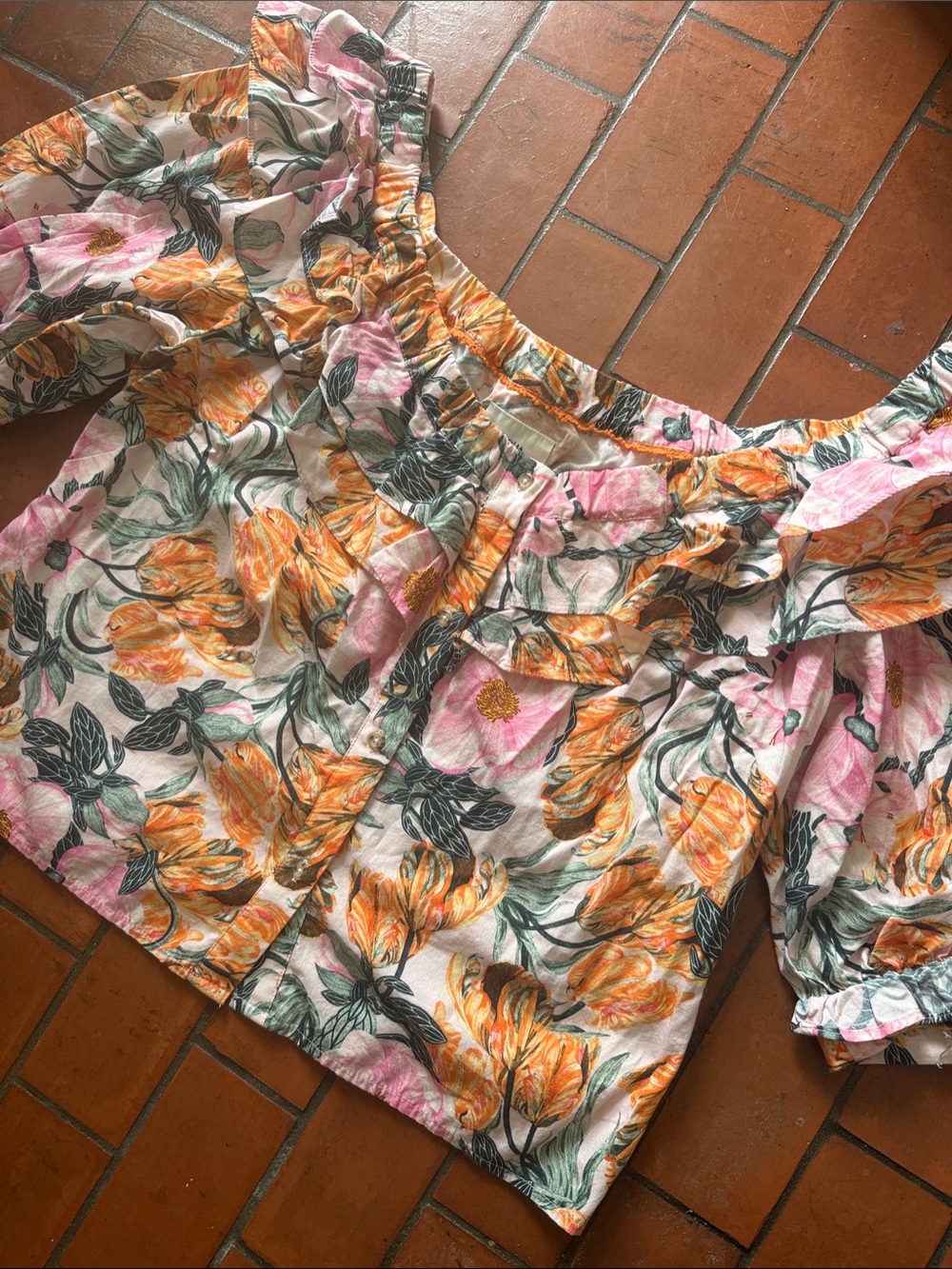 Anthropologie Floral Off-Shoulder Top in Pink & Orange, 💯 cotton